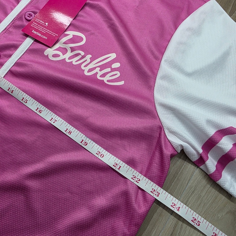 Barbie Baseball Jersey Pink White Button Up Logo 59 Graphic Shirt Large Womens - Picture 13 of 13